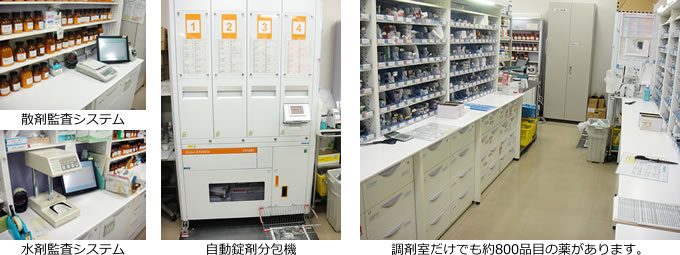 調剤室 散剤監視システム 水剤監視システム 自動錠剤分包機 調剤室だけでも約800品目の薬があります。